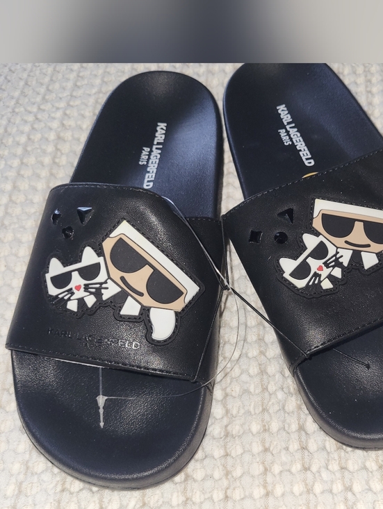 Karl Lagerfeld Shoes - Karl Lagerfeld Paris Black Slides with Cartoon Karl & Choupette Size 8 Women's